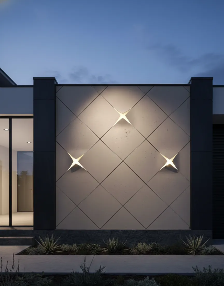 Exterior feature wall — Wall panels · facade at dusk